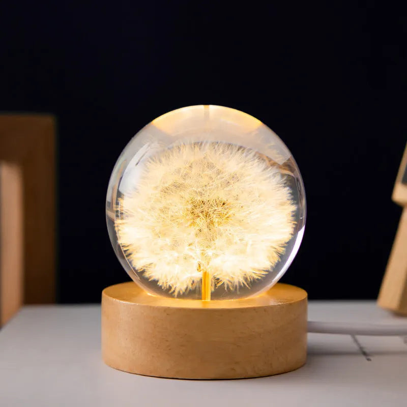 3D dandelion crystal ball night light on beech wood stand, USB powered desktop ornament
