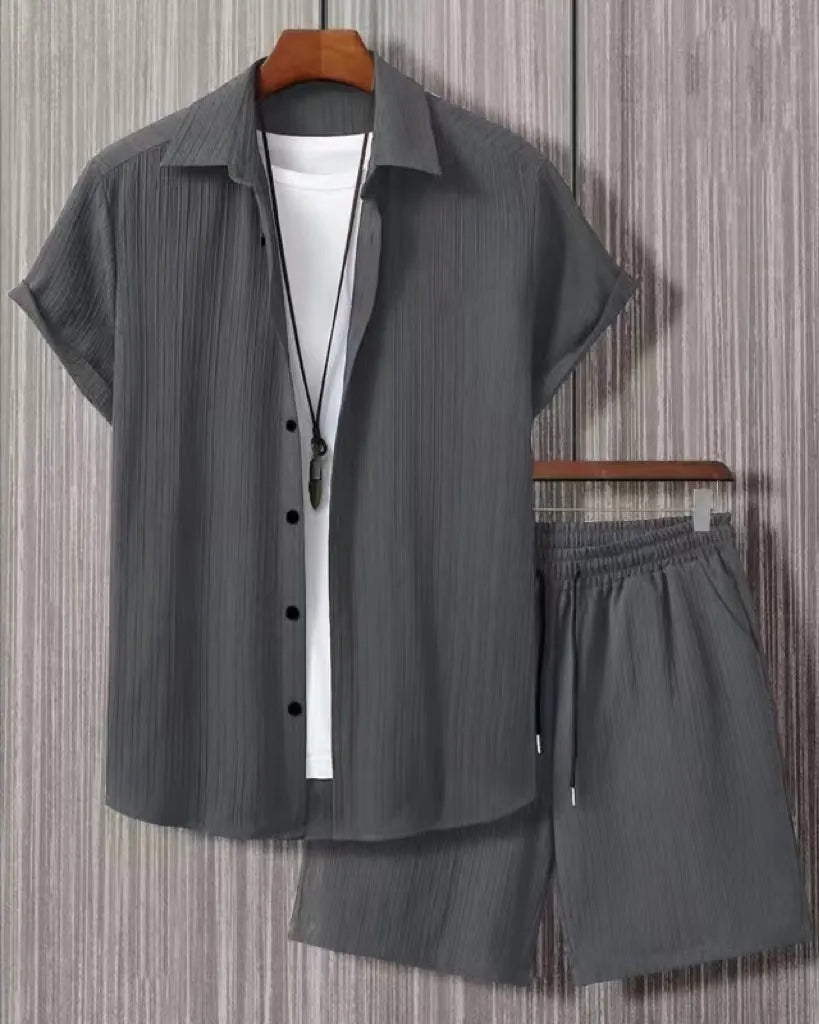 Men's jacquard short sleeve suit shorts set in chemical fibre blending fabric