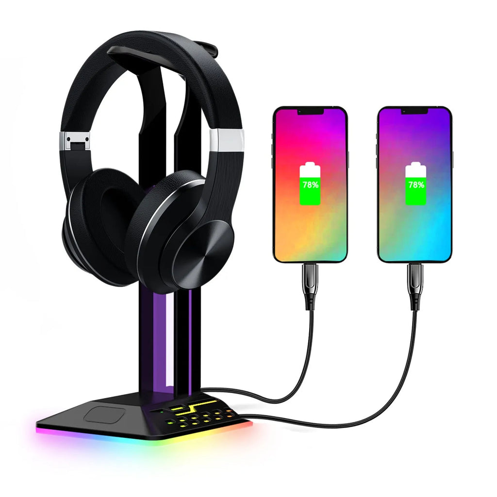 Headphone display rack with RGB lighting and dual USB ports in black acrylic design