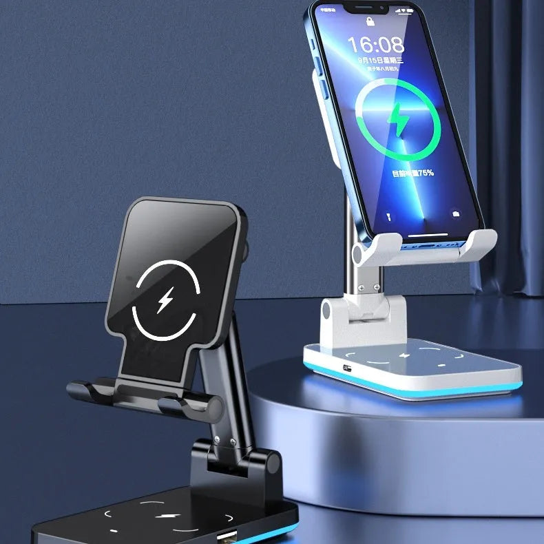 Wireless charging mobile phone holder desktop stand in black or white with 5W/15W options