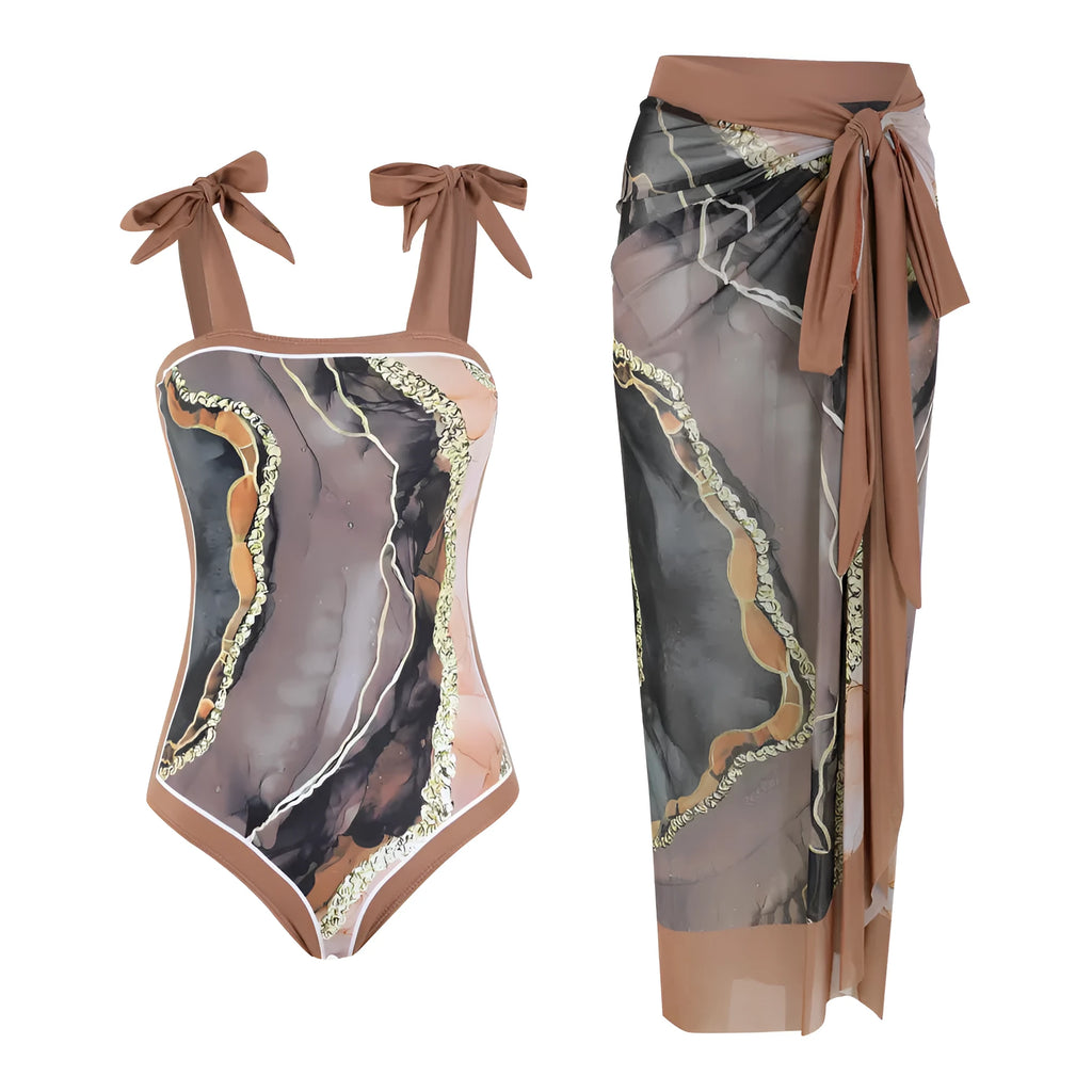 Floral print mesh tube top one-piece swimsuit with detachable skirt in brown printing