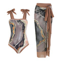 Floral print mesh tube top one-piece swimsuit with detachable skirt in brown printing