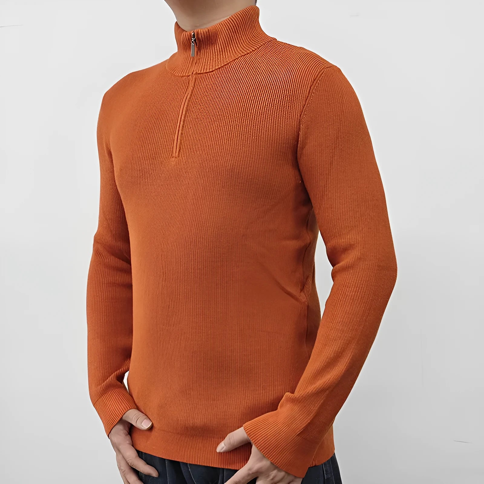 Men's grey half-turtleneck zip sweater in British style with long sleeves