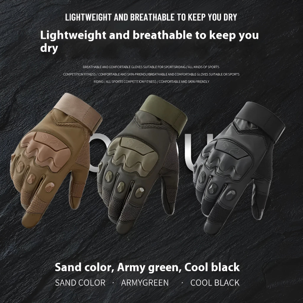 Men's black full finger tactical gloves with touch screen capability on the fingertips.