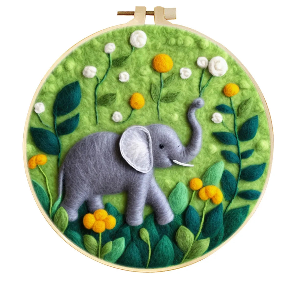 Round linen embroidery kit with wool felt materials for three-dimensional floral design