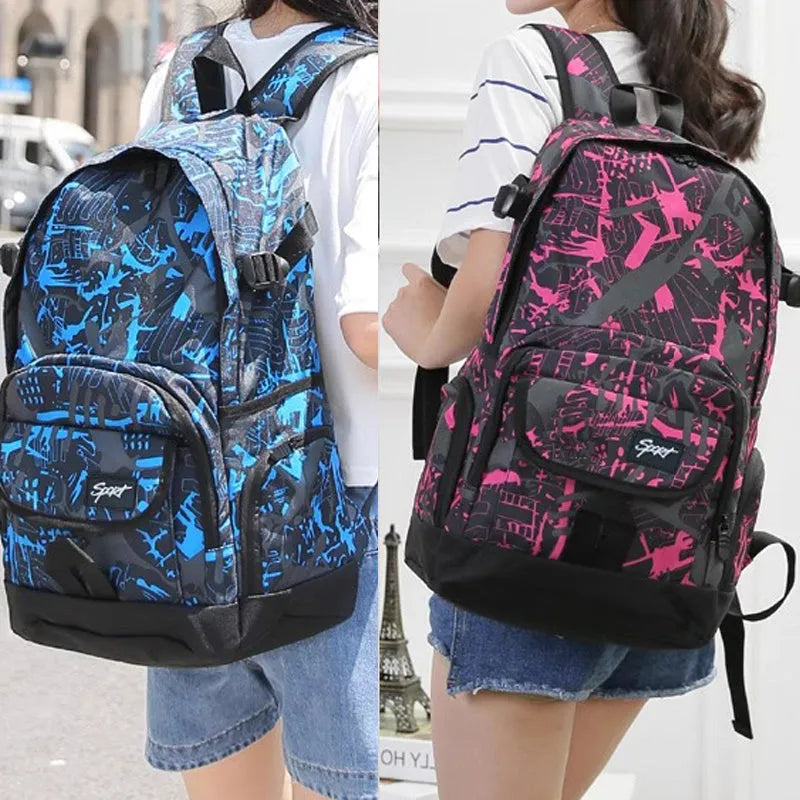 Blue large nylon backpack with adjustable straps on a plain background.