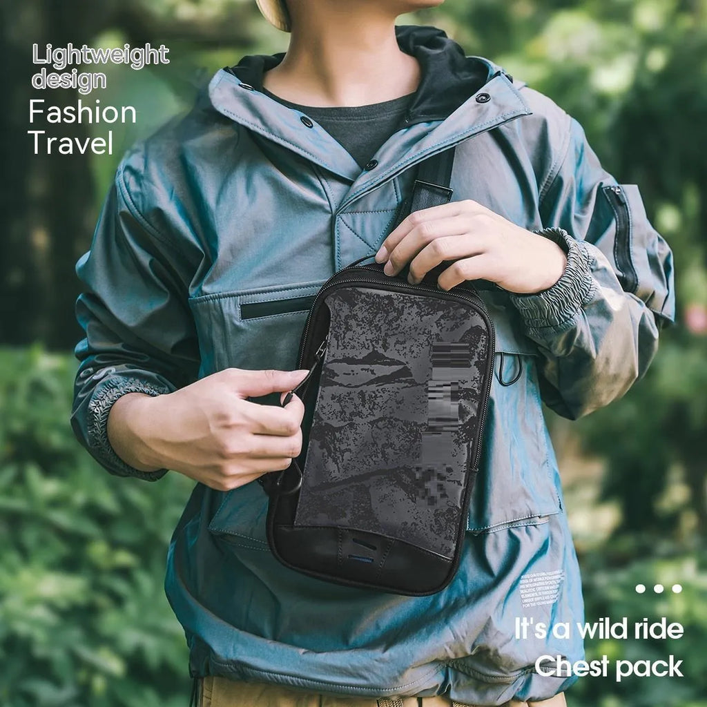 Casual black TPU chest pack with single shoulder strap showing landscape pattern details