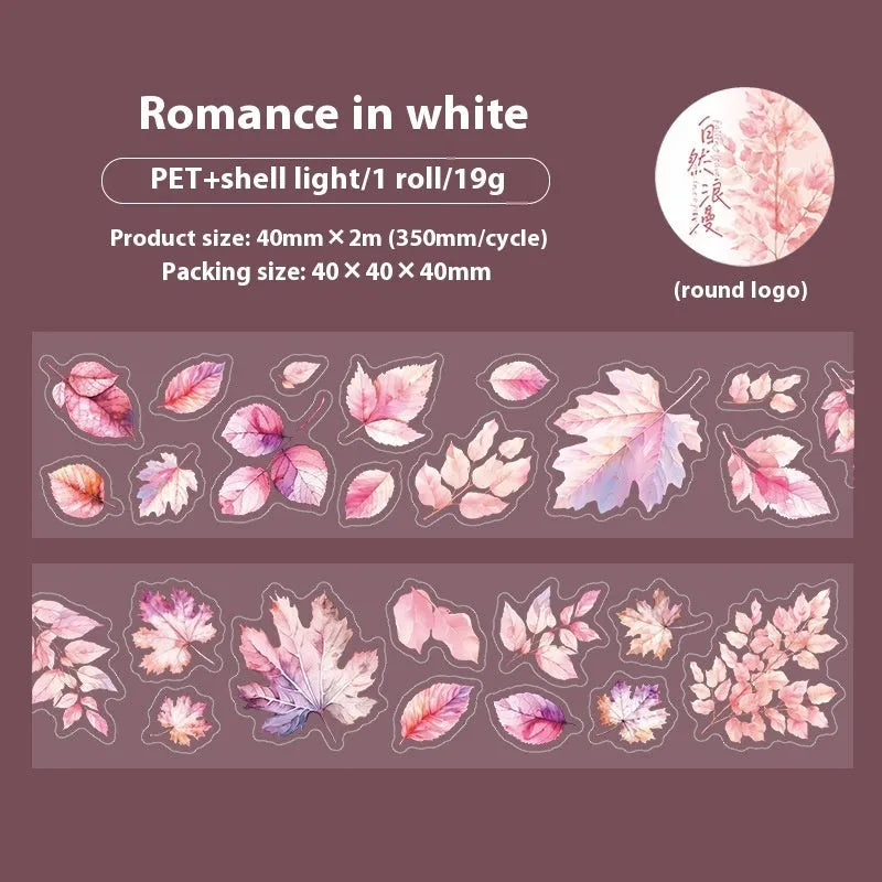Six rolls of nature-themed decorative stickers showing gentle ginkgo, maple leaf, and blue fallen leaves designs.