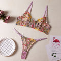 Women's floral pure desire style bikini set in skin colour, purple, black, yellow, or pink polyester fabric