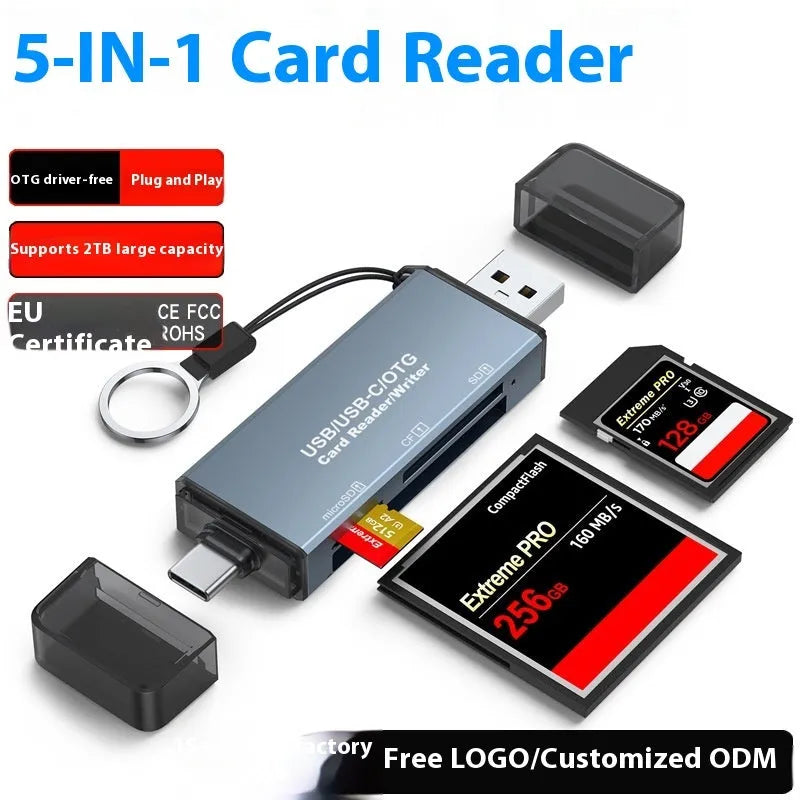 Compact aluminium alloy three-in-one card reader for CF, SD, and TF memory cards with USB and Type-C plugs.