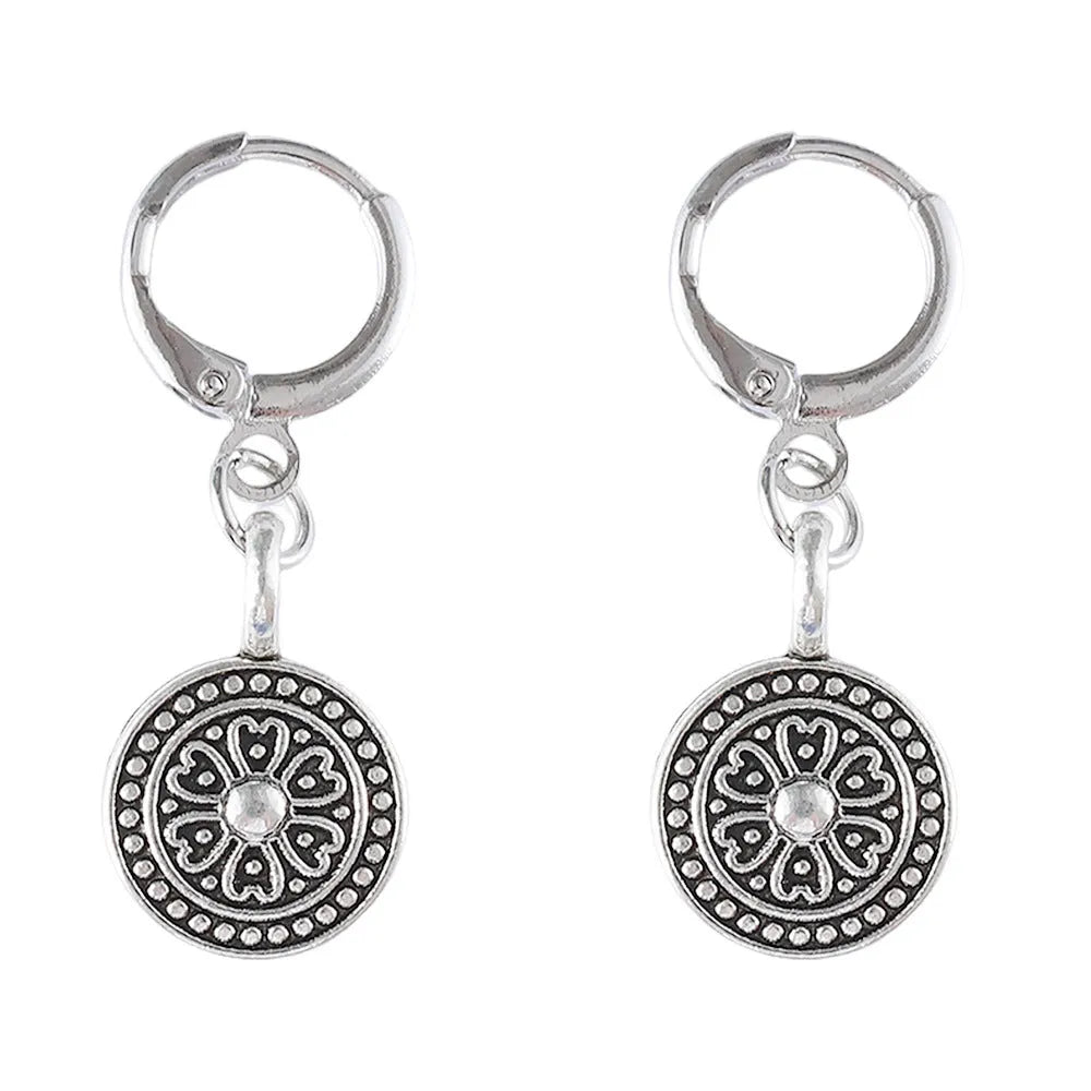 Round geometric retro earrings with distressed bohemian ethnic style in electroplated zinc alloy