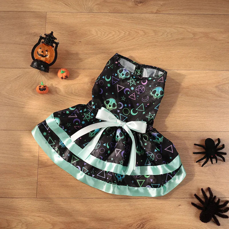 Halloween dog skirt with colourful pumpkin print, double-layer construction, casual pet costume