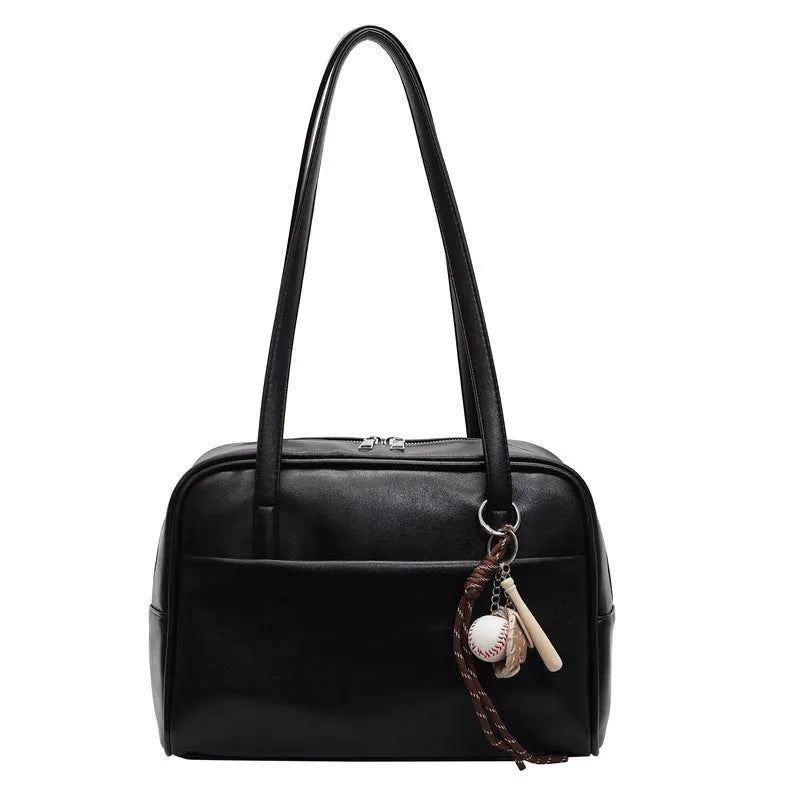 Women's urban simple PU bucket underarm bag with pendant detail in black, brown, coffee, and wine red colours.