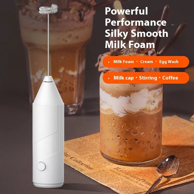 USB rechargeable handheld electric milk frother in black, white and khaki colours