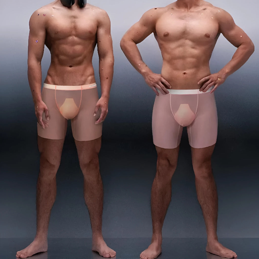 Men's seamless nylon boxer briefs in orange with U convex pouch and low waist design for sports