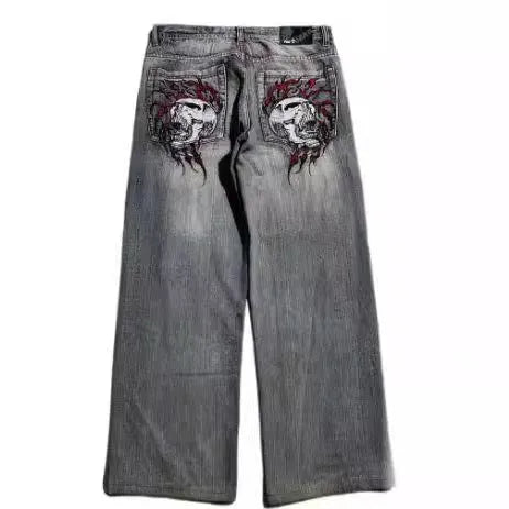 Men's grey washed-out denim jeans with wide-leg workwear design and straight-leg style