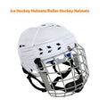 Ice hockey helmet with a carbon steel face mask and cushioned interior lining.