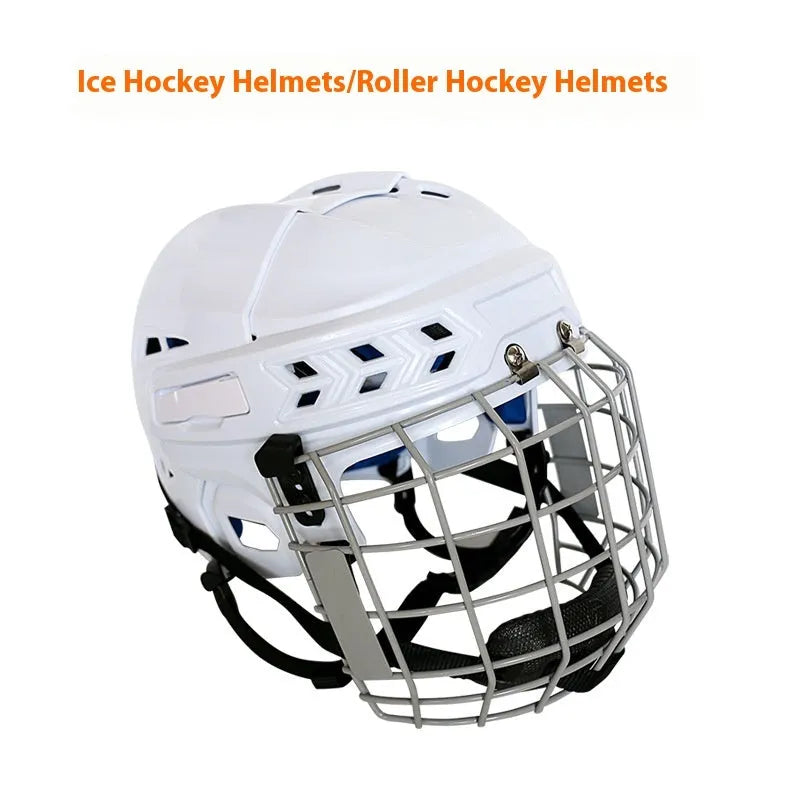 Ice hockey helmet with a carbon steel face mask and cushioned interior lining.