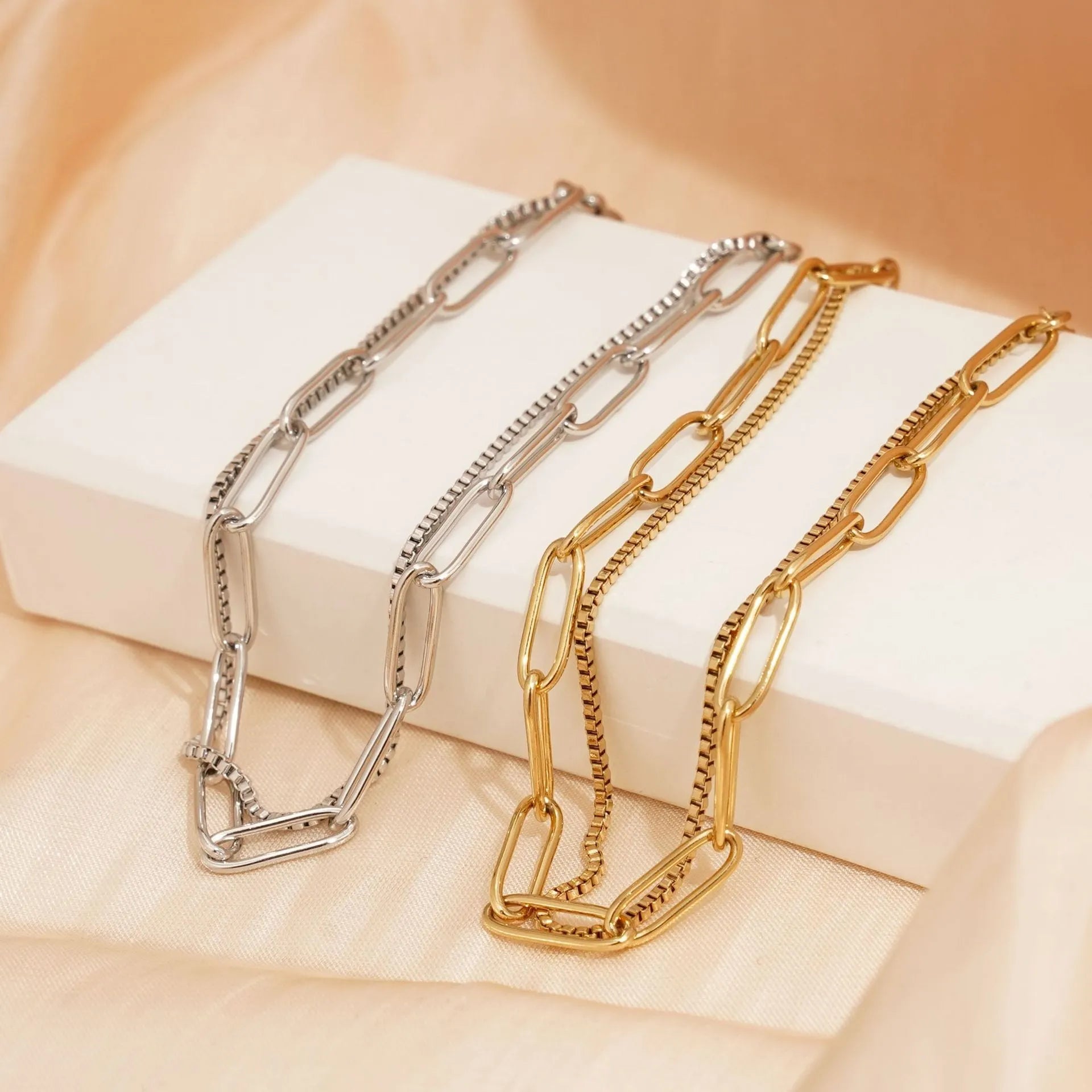 Double layer titanium steel bracelet with geometric shape and line pattern elements