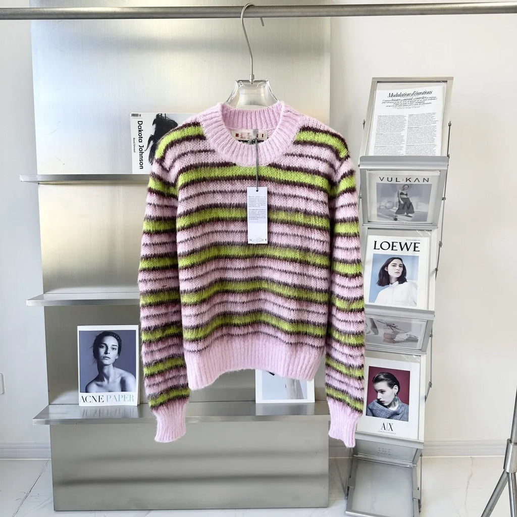 Pink wool knitted cardigan sweater showing both cardigan and round-neck pullover style options