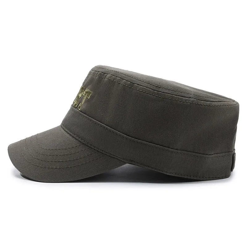 Men's adjustable cotton peaked cap in black, blue, army green, khaki or grey with dome crown and English letters
