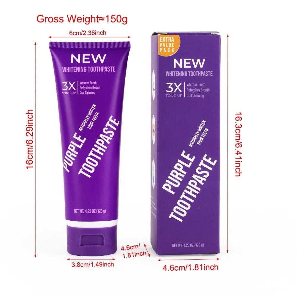Purple whitening toothpaste in 120g and 65g tubes for adult yellow stain removal