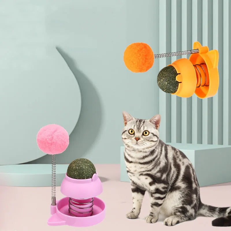 Rotating licking cat toy with mint ball in blue, orange or pink colours