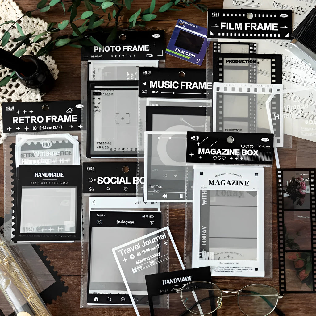 Retro film journal stickers with transparent PET base paper in photography, magazine, music, social, and retro frame designs