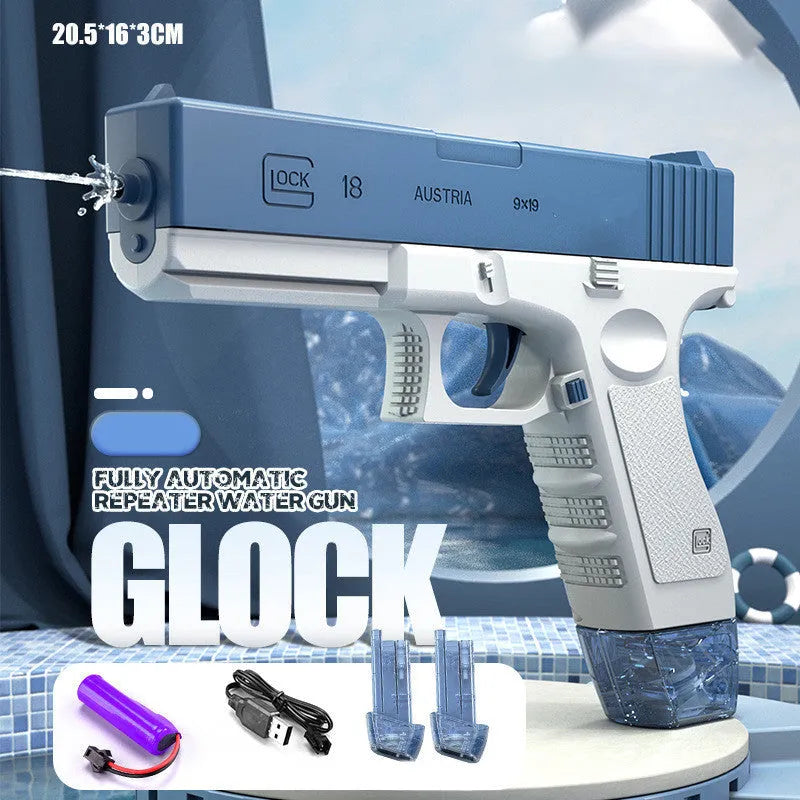 Blue electric water gun with USB charging cable and 55cm length for outdoor water fights