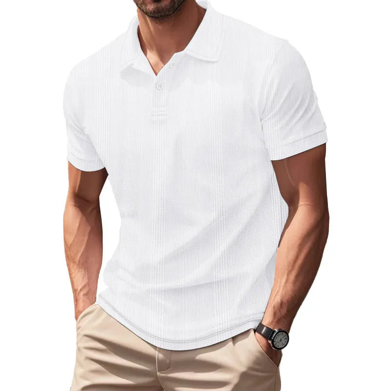 Men's short sleeve polo shirt with simple British style collar in loose fit, available in multiple colours including light gray and khaki