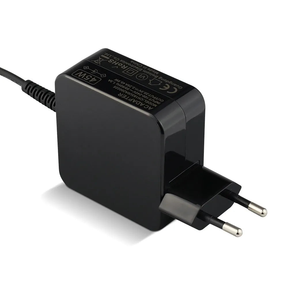 Black 45W laptop power adapter with US plug for HP laptops showing dimensions