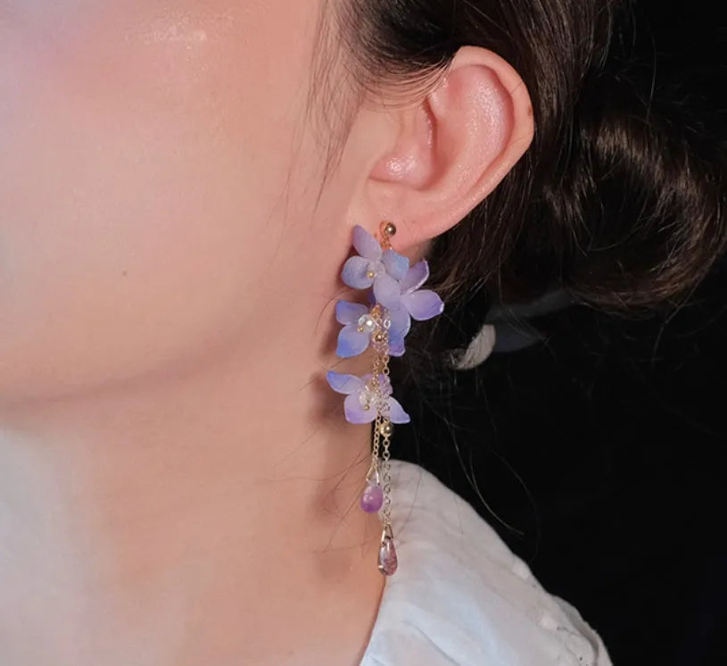 Handmade cold blue purple flower long tassel water drop earrings with gold-plated inlaid stone