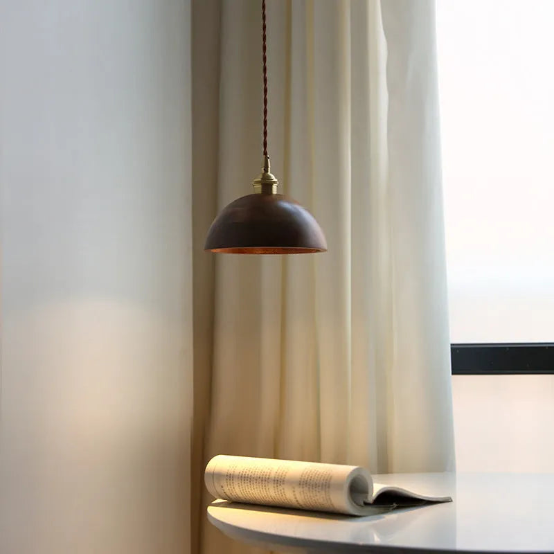 Black walnut finish single-head droplight chandelier with copper and wood art construction.