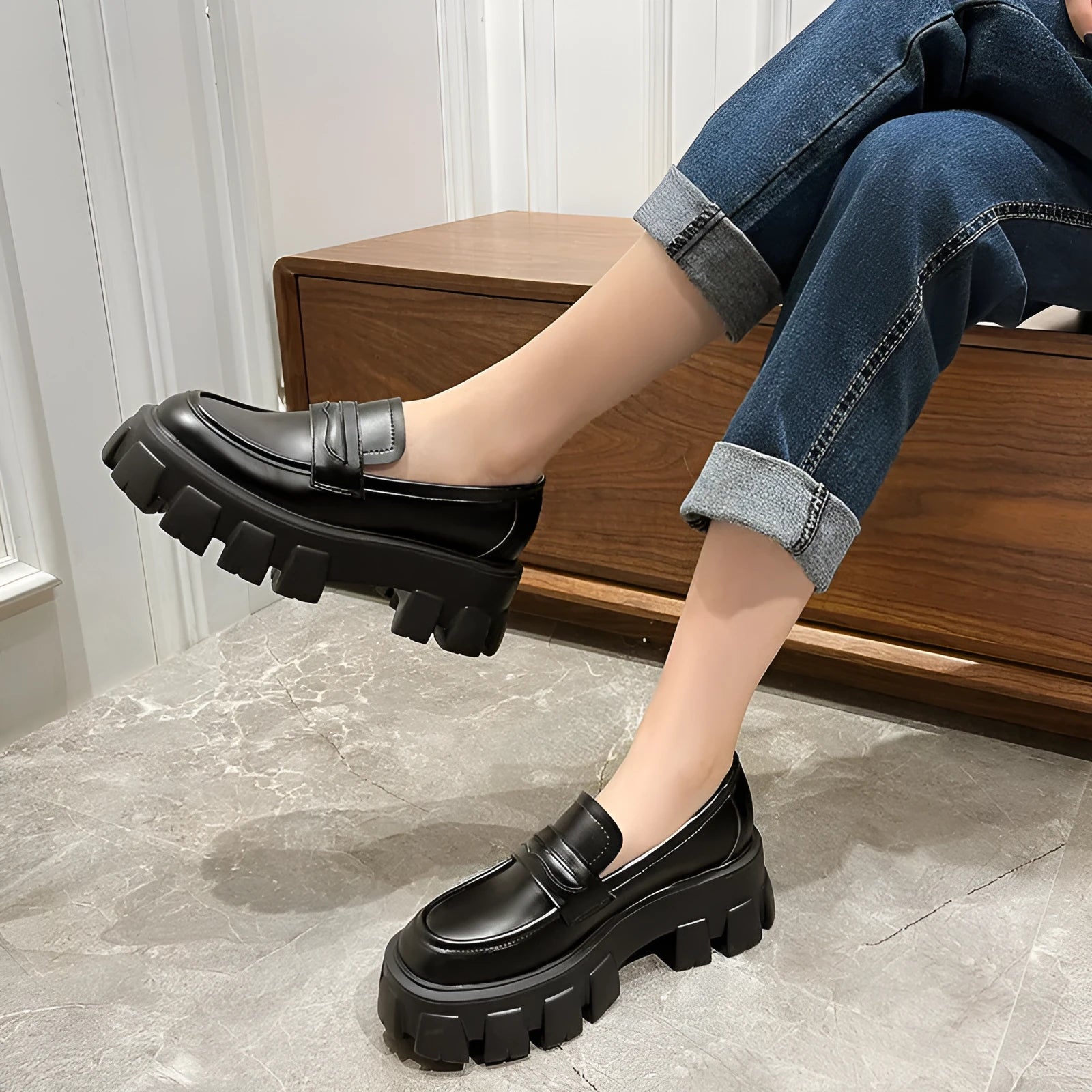 British style wide fit loafers with patent leather upper and muffin base heel in available sizes 32-43