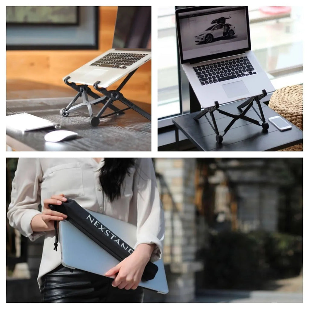 Portable folding laptop bracket in sagacious black showing compact folded dimensions