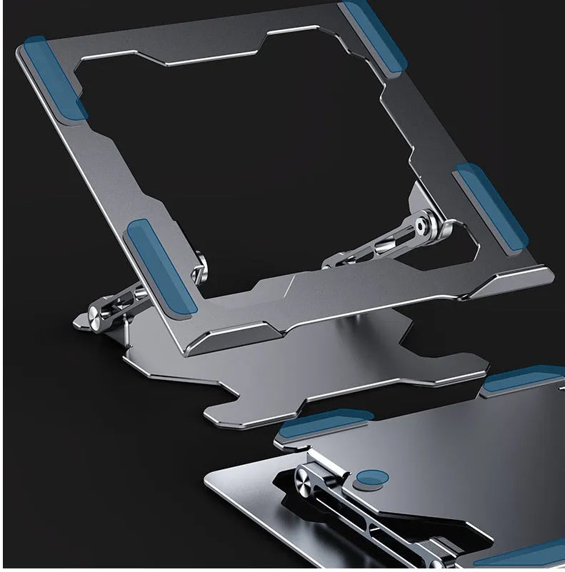 Grey aluminium laptop stand with adjustable angle and folding legs for portable use