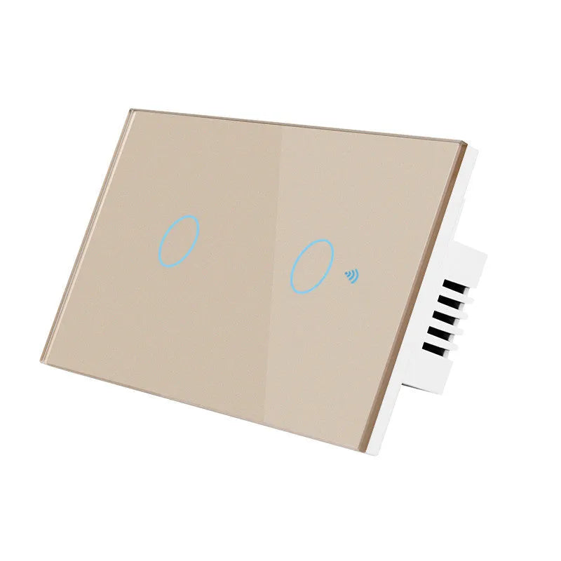 2-gang RF remote control touch light switch with tempered glass panel in white, black or gold finish