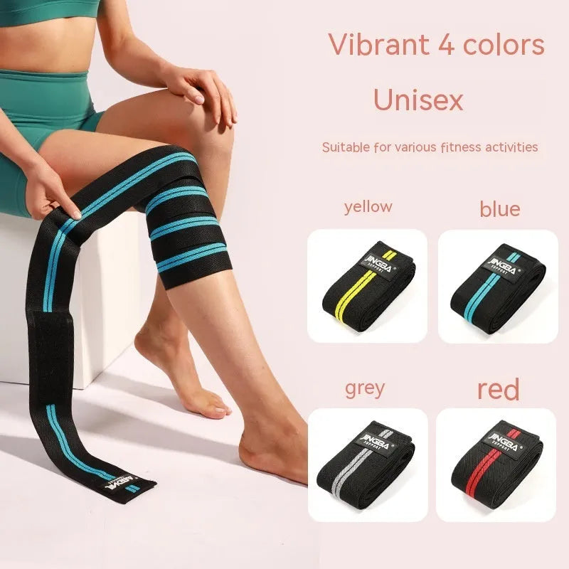 Adjustable sports knee pads for weightlifting and cycling in blue, grey, red, or yellow
