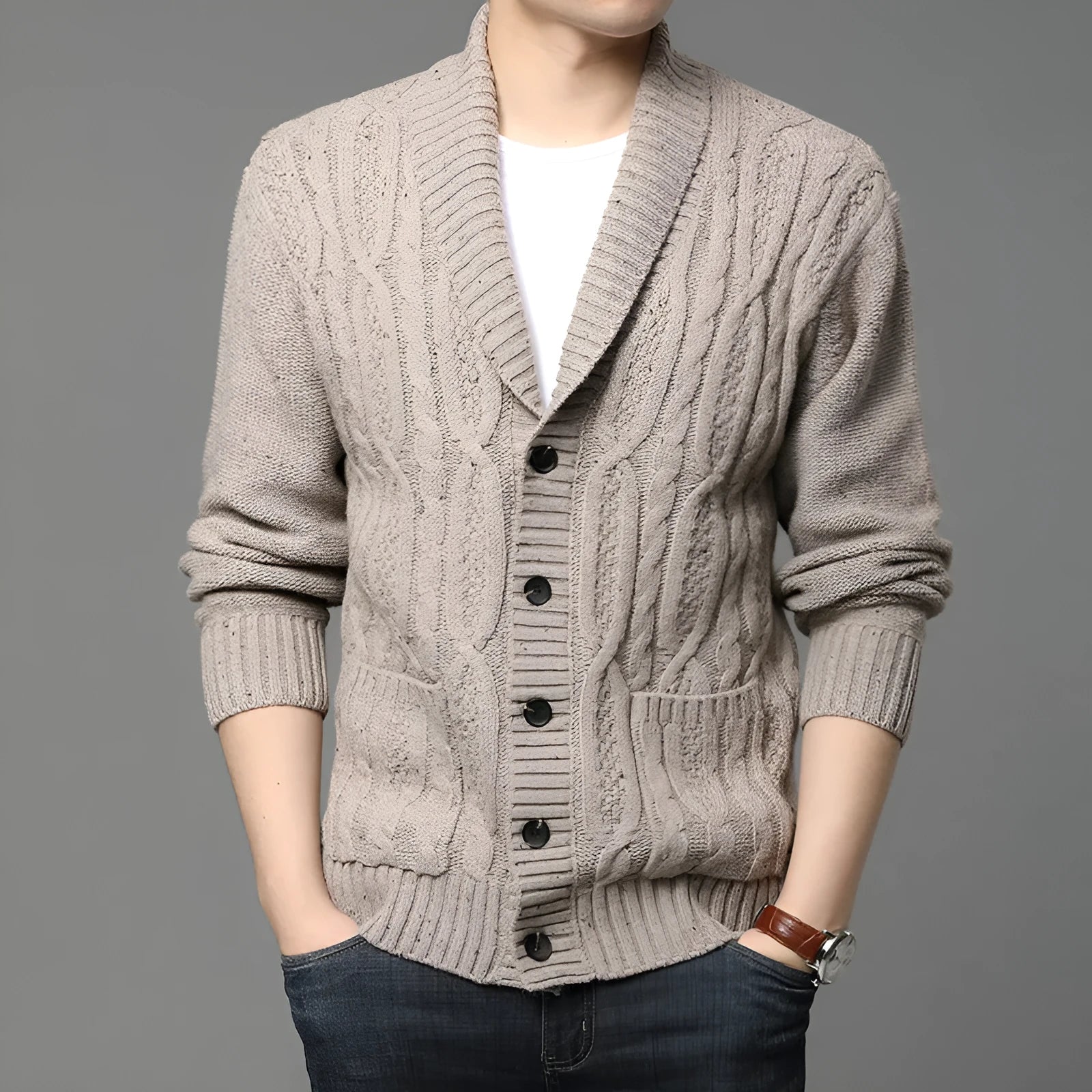 Men's Korean style jacquard patterned knitted jacket in chemical fibre blend fabric