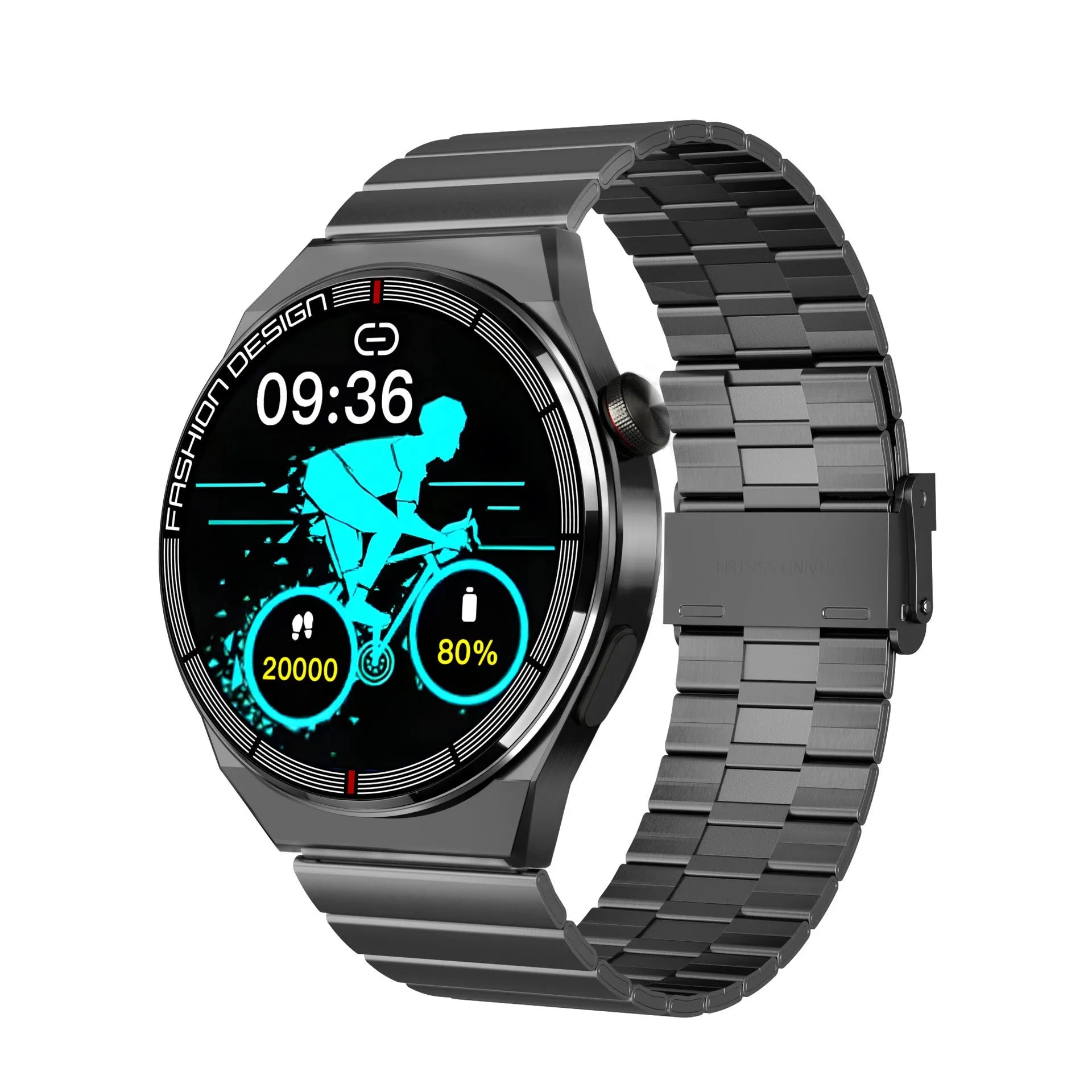 Black smartwatch with circular 46mm dial on a silicone strap, showing a heart rate monitoring display on its screen.