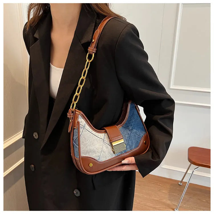 Brown denim women's shoulder bag with diamond chain detail and adjustable double straps