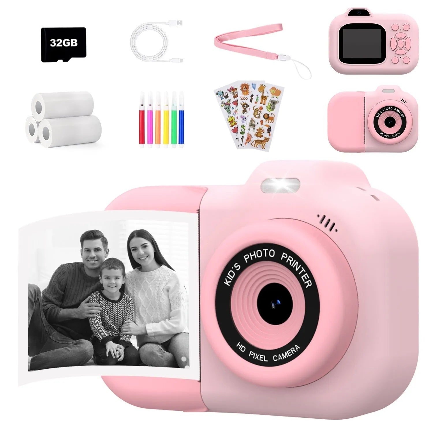 Children's plastic digital toy camera in pink, blue, or purple colour with screen, showing photo sticker function and games.