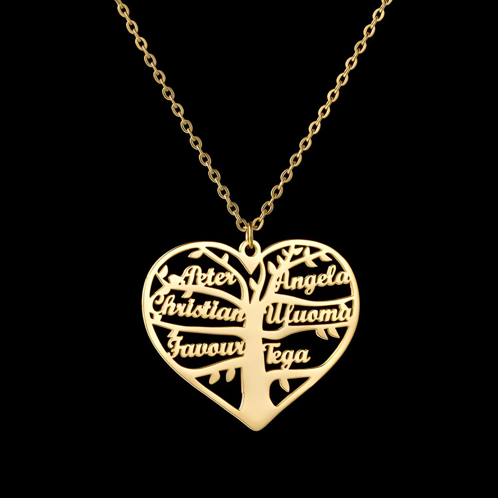 Custom stainless steel necklace with hollow heart lucky tree pendant engraved with names, shown in silver, gold, and rose gold colours.