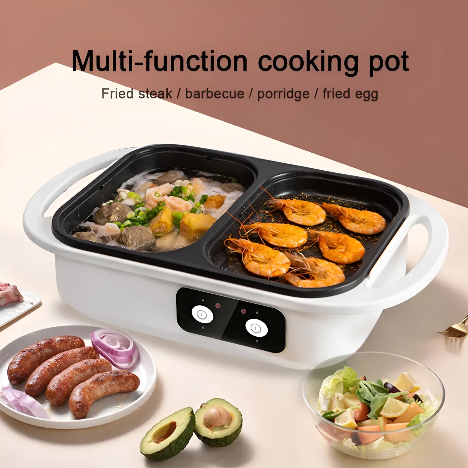 White and green dual-function electric caldron and frying oven appliance with mechanical controls