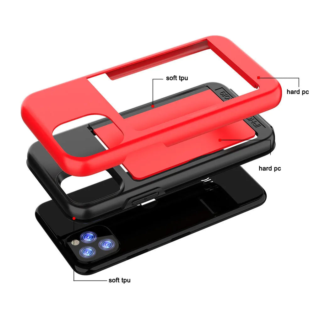 Slim black protective phone case for Apple iPhone 11, shown alongside red and blue colour options.