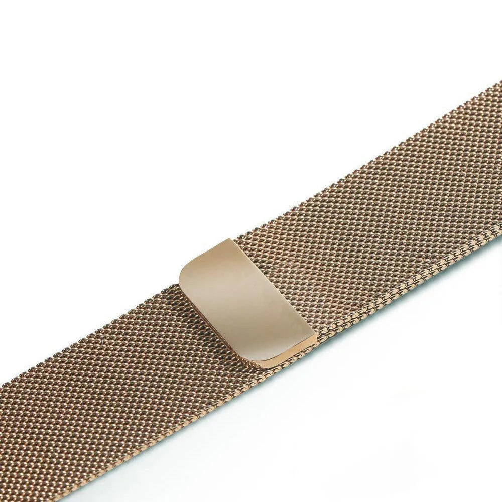 Stainless steel watch replacement strap in silver, shown next to black, gold, and rose gold options.