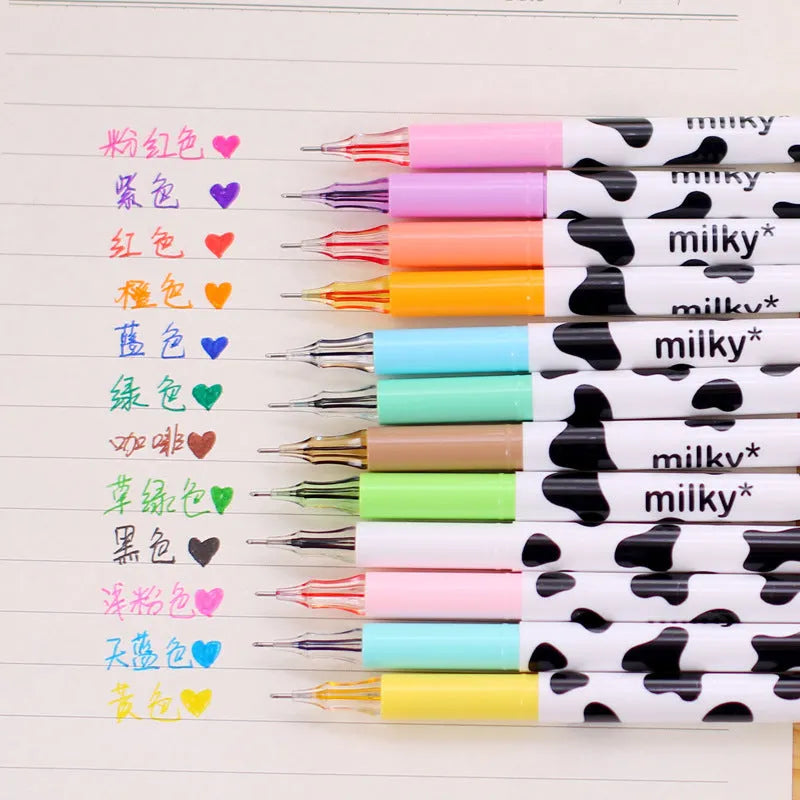 12-colour cow gel pen set with 0.38mm fine tips in plastic shells