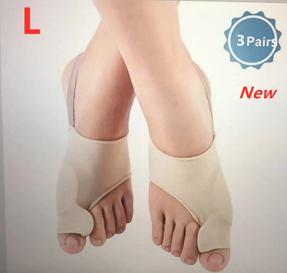 A pair of stretch fabric bunion socks with a soft gel pad and silicone toe separator in sizes small, medium, and large.