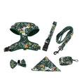 Six-piece adjustable dog harness set with vest, haulage rope, collar, waste bag, bow tie, and triangle scarf