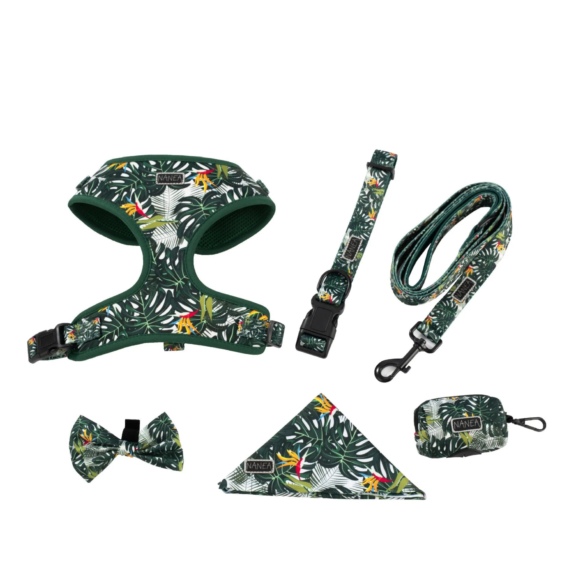 Six-piece adjustable dog harness set with vest, haulage rope, collar, waste bag, bow tie, and triangle scarf